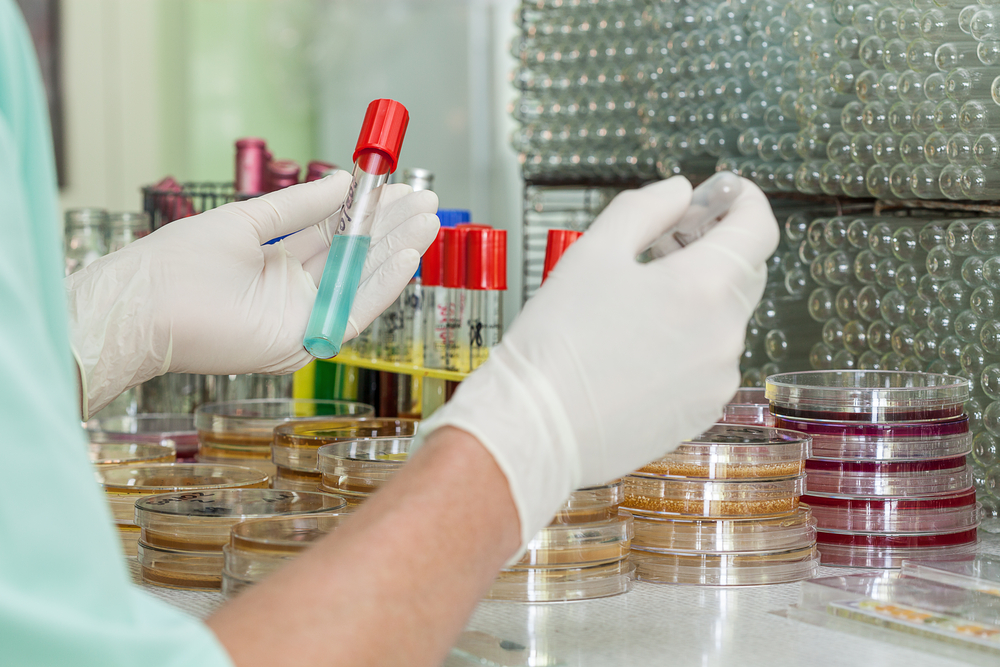 A picture of hands handling tubes of liquid, portraying laboratory testing. 
